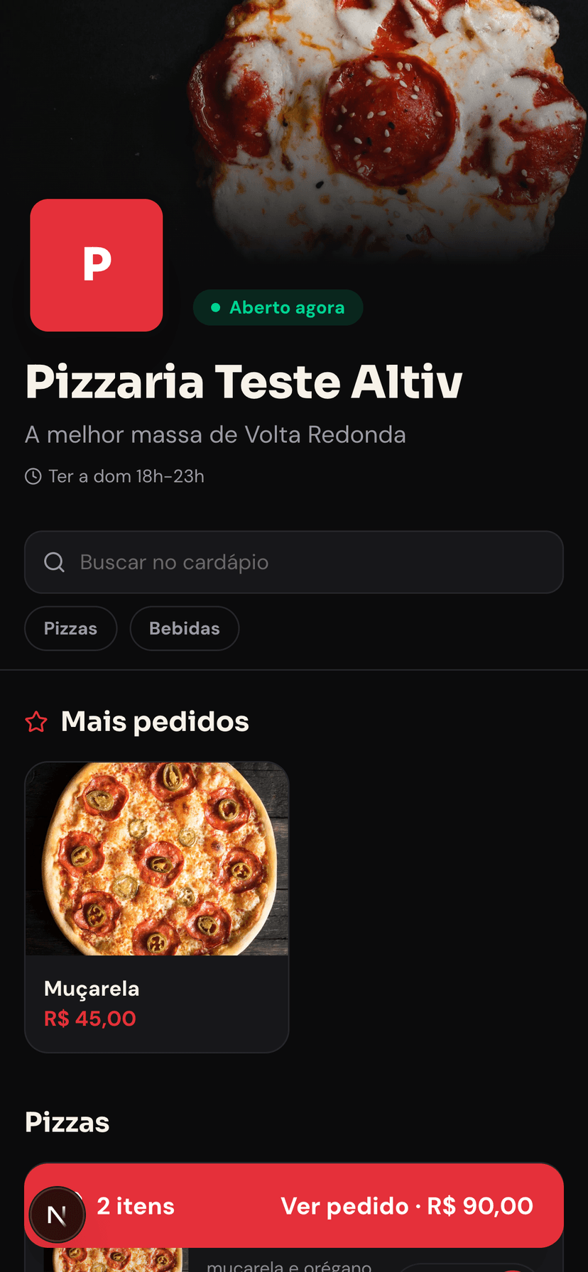 Cardápio digital de uma loja no celular, com pedido montado