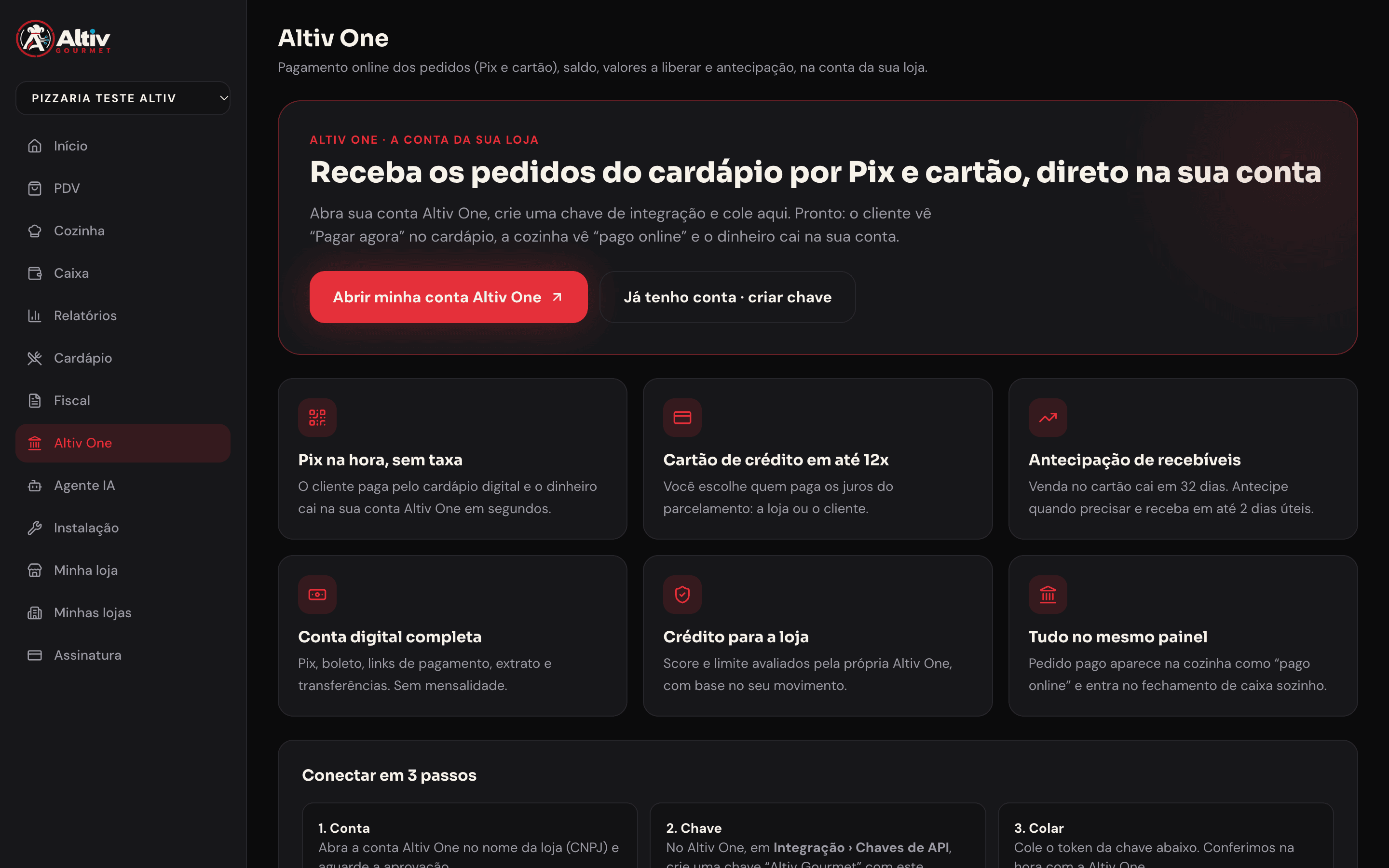 Tela Altiv One dentro do Altiv Gourmet: saldo, a liberar, antecipação e pagamentos